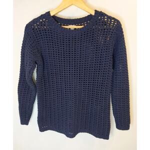 LL BEAN SIGNATURE Navy Open Knit Cotton Sweater Pullover Crochet Style XS